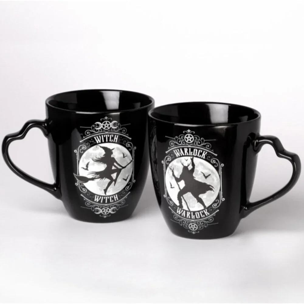 Alchemy Gothic ✦ Witch & Warlock Mug Set ✦ Black Fine Bone China Moon & Bat NWT